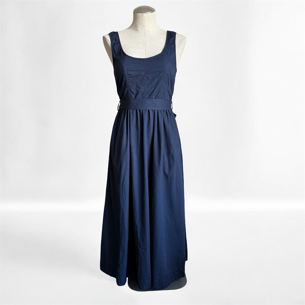 By the River Sleeveless Belt Tie Strap A-Line Midi Dress - Navy